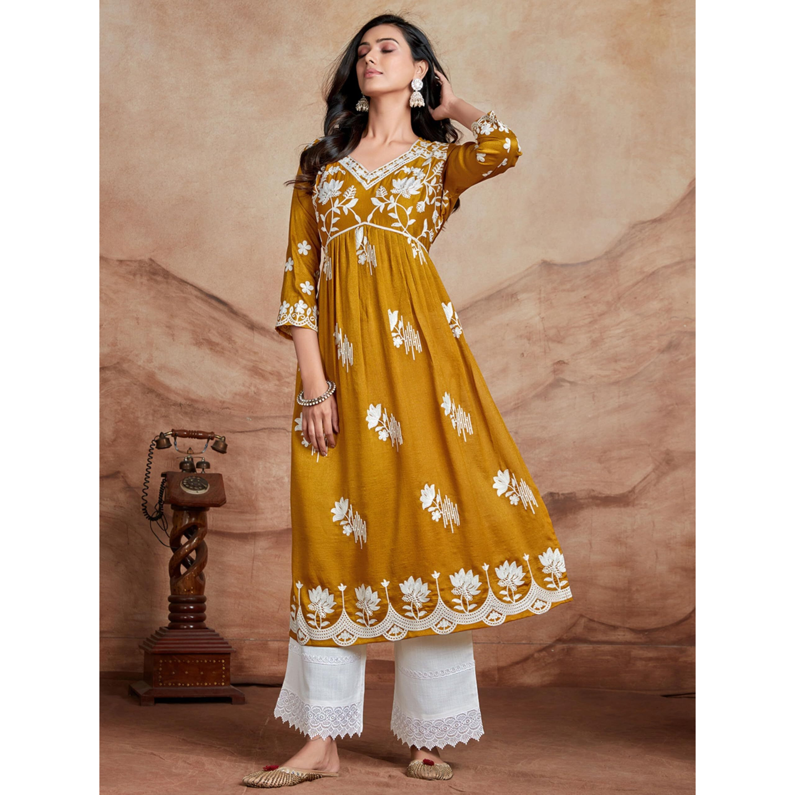 Ethnicjunction Women's Chikankari Embroidered Naira Cut Kurta Gold