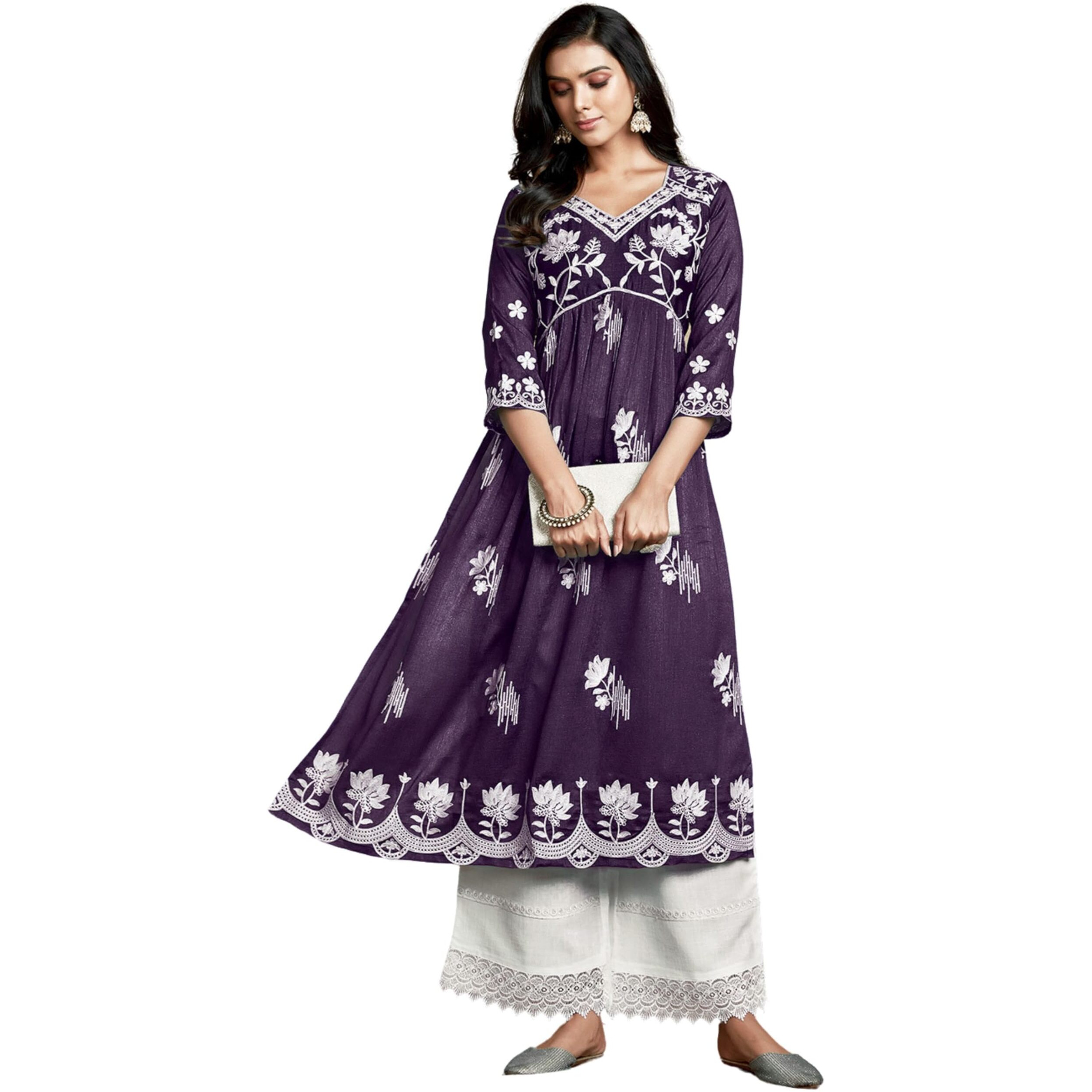 Ethnicjunction Women's Chikankari Embroidered Naira Cut Kurta Wine