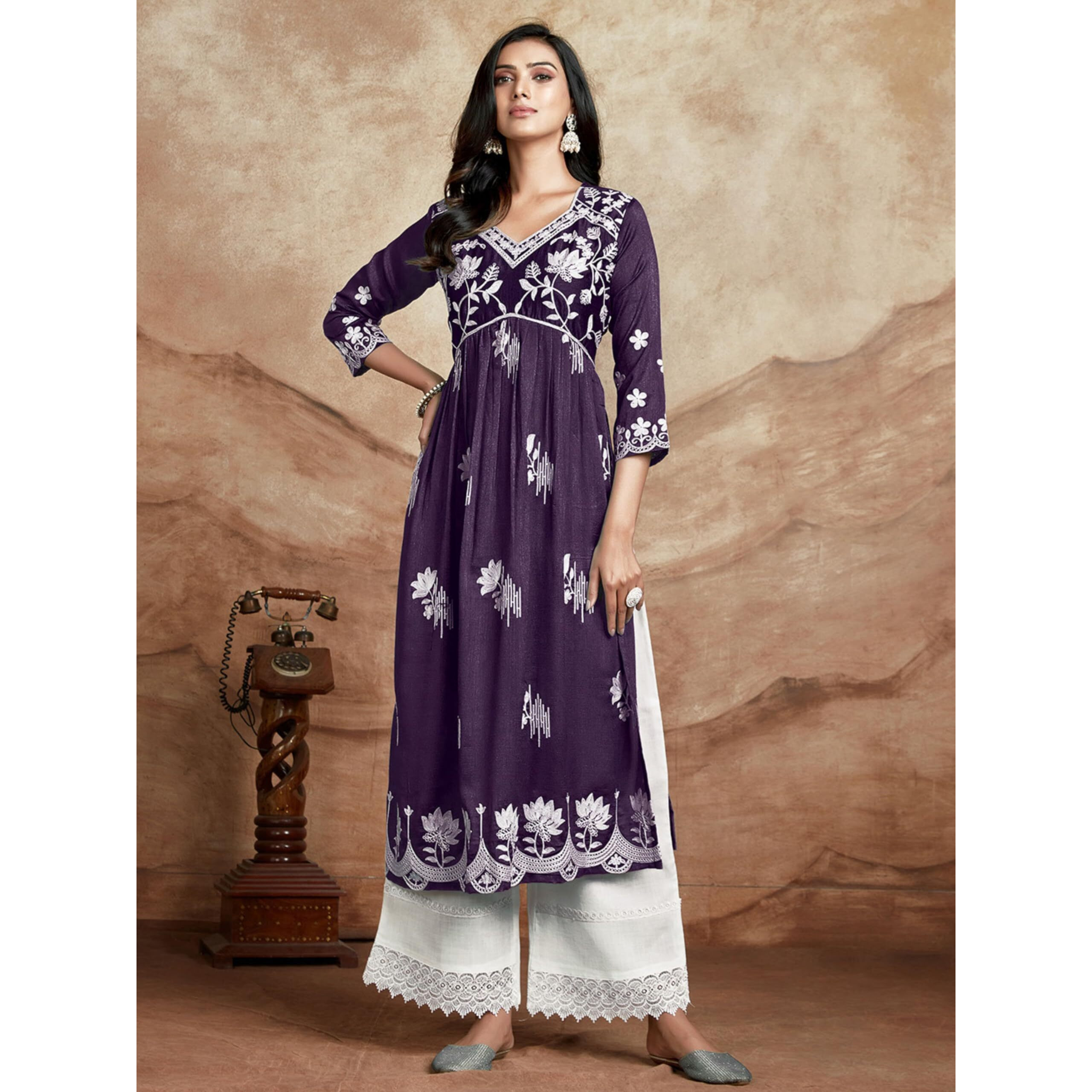 Ethnicjunction Women's Chikankari Embroidered Naira Cut Kurta Wine