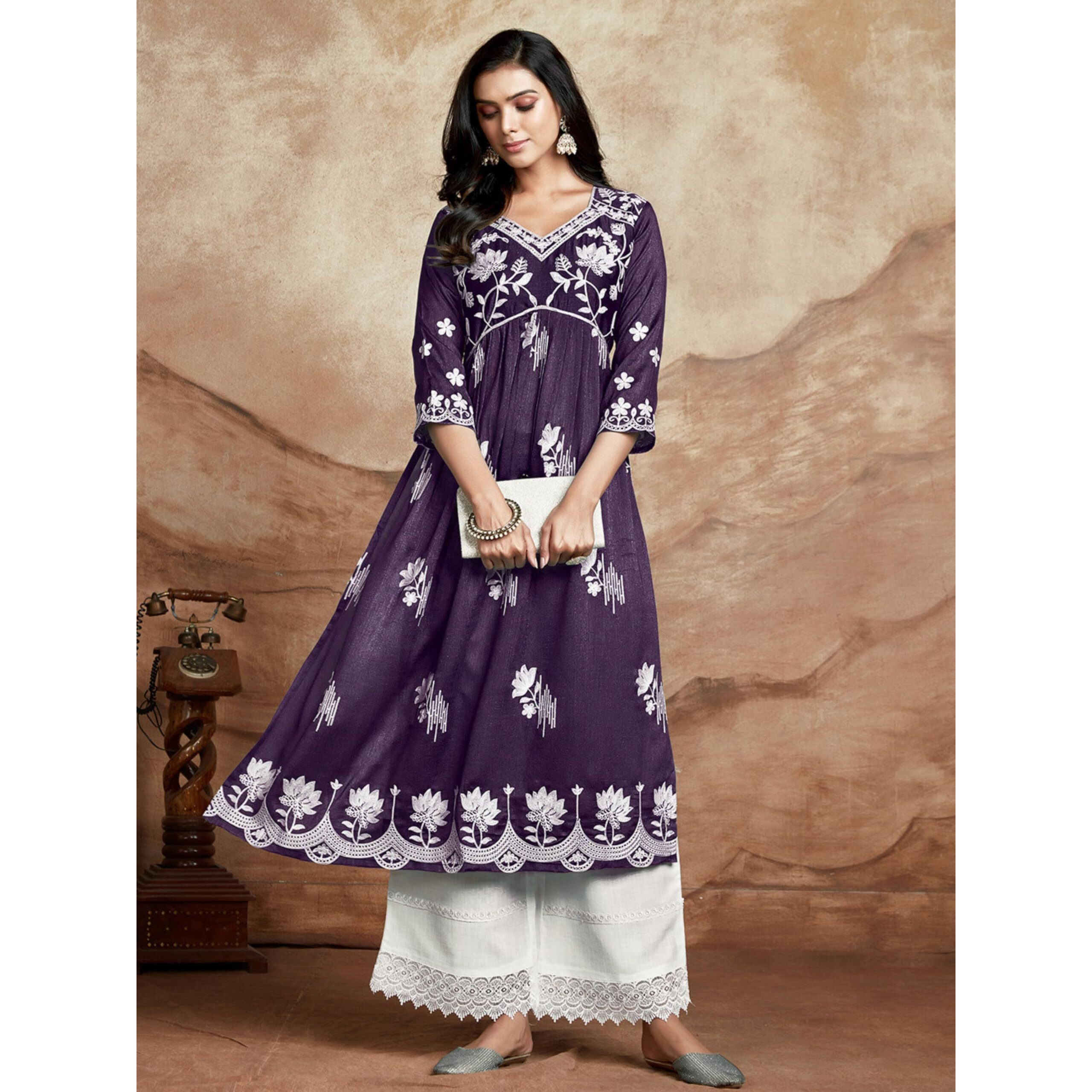 Ethnicjunction Women's Chikankari Embroidered Naira Cut Kurta Wine