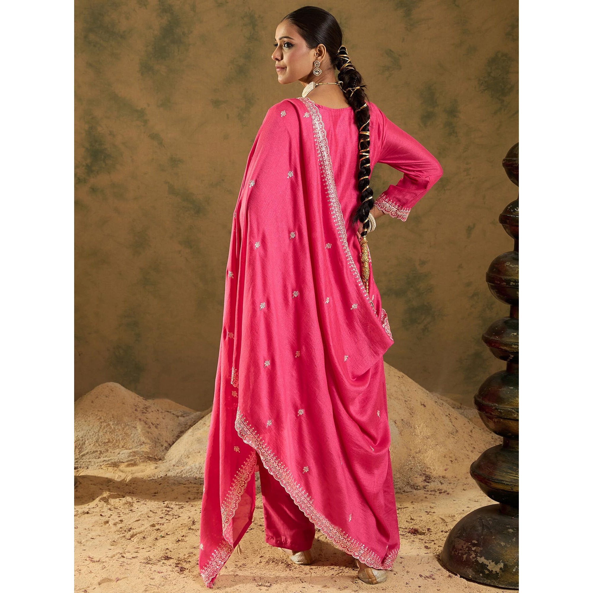 Indo Era Women's Pink Silk Blend Embroidered Straight Kurta And Pant With Dupatta Set (Iestr6277_Small)
