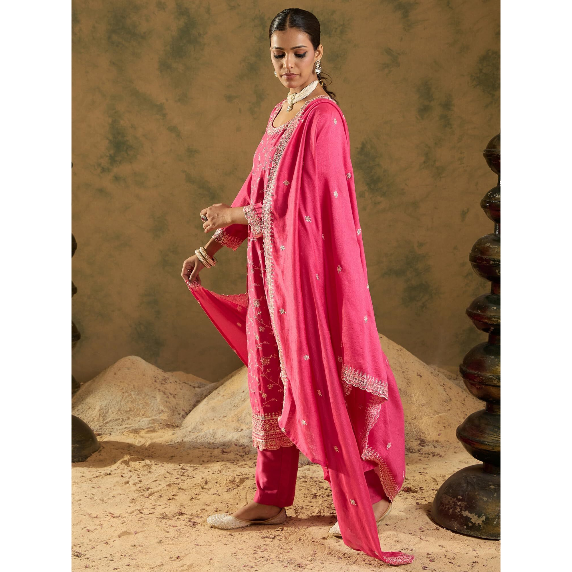 Indo Era Women's Pink Silk Blend Embroidered Straight Kurta And Pant With Dupatta Set (Iestr6277_Small)