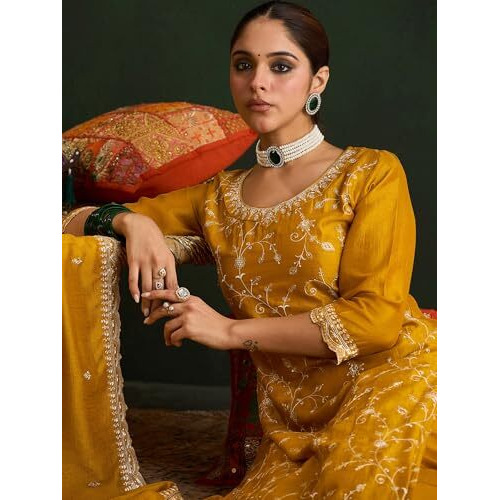 Indo Era Women's Mustard Silk Blend Embroidered Straight Kurta & Pant With Dupatta Suit Set (Iestr6278_X-Small)