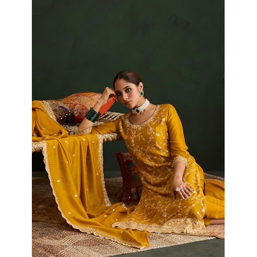 Indo Era Women's Mustard Silk Blend Embroidered Straight Kurta & Pant With Dupatta Suit Set (Iestr6278_X-Small)