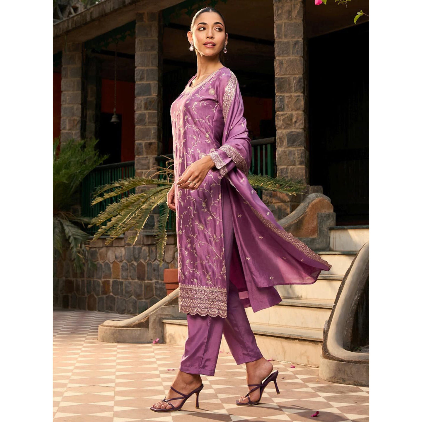 Indo Era Women's Embroidered Silk Blend Calf Length Straight Kurta And Pant With Dupatta Set (Kh9Pr6276_Medium), Purple
