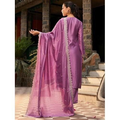 Indo Era Women's Embroidered Silk Blend Calf Length Straight Kurta & Pant With Dupatta Suit Set (Kh9Pr6276_X-Large)