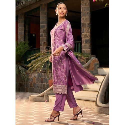 Indo Era Women's Embroidered Silk Blend Calf Length Straight Kurta & Pant With Dupatta Suit Set (Kh9Pr6276_X-Large)