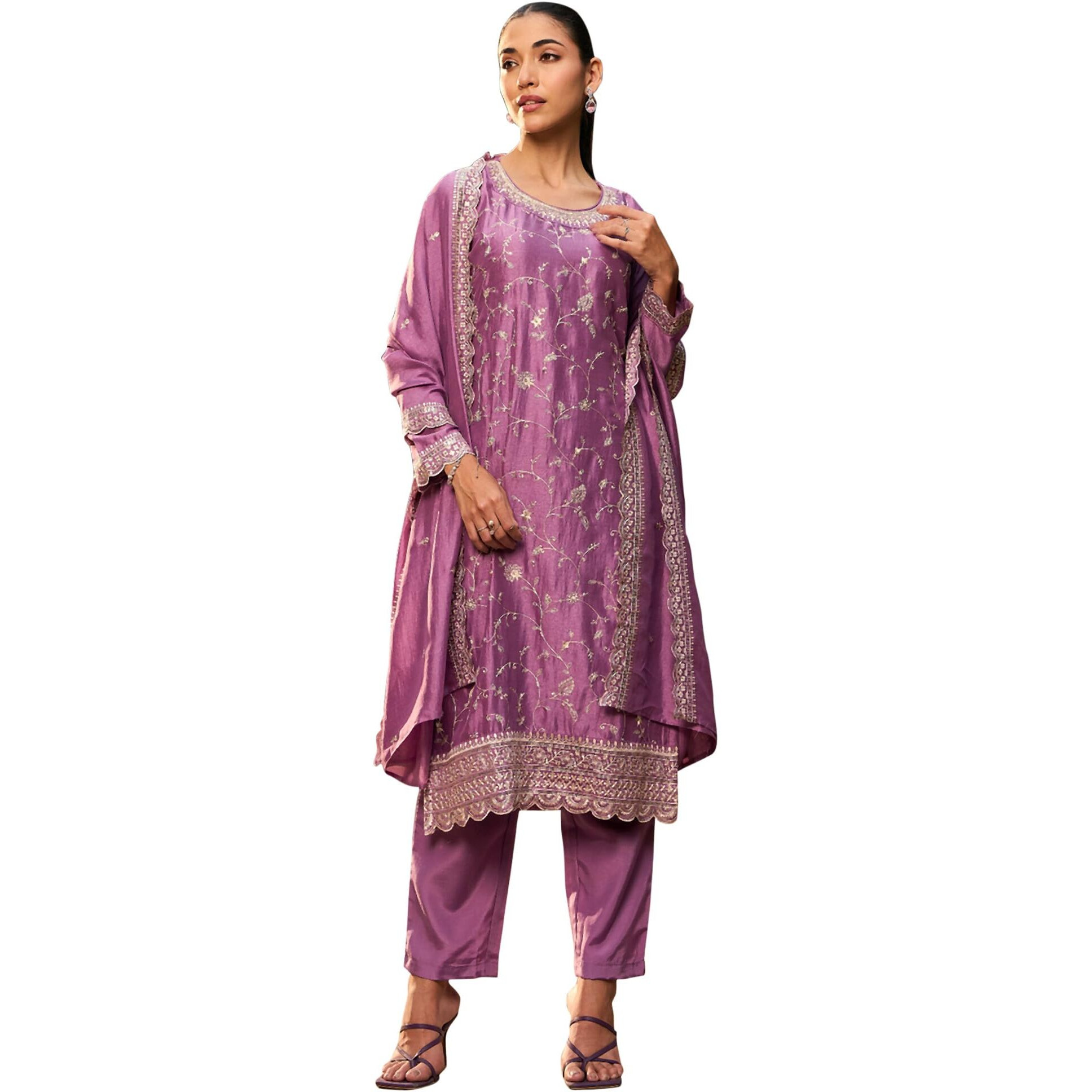Indo Era Women's Embroidered Silk Blend Calf Length Straight Kurta & Pant With Dupatta Suit Set (Kh9Pr6276_Large)