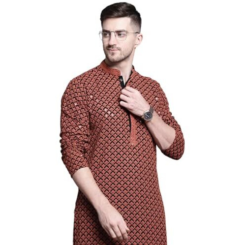 Jompers Mens Sequin Embroidered Pure Cotton Kurtas (Orange, S)