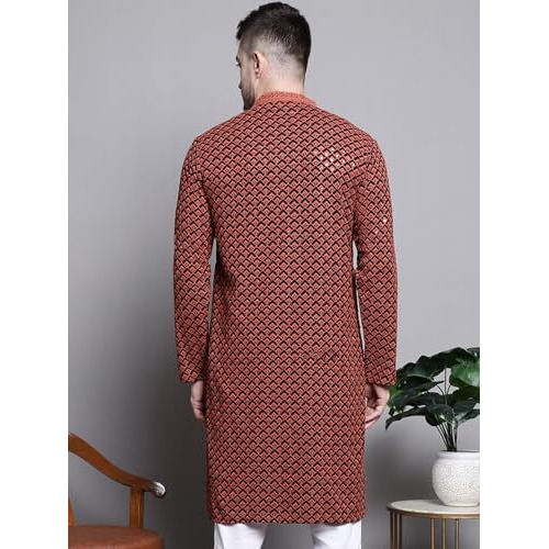 Jompers Mens Sequin Embroidered Pure Cotton Kurtas (Orange, S)