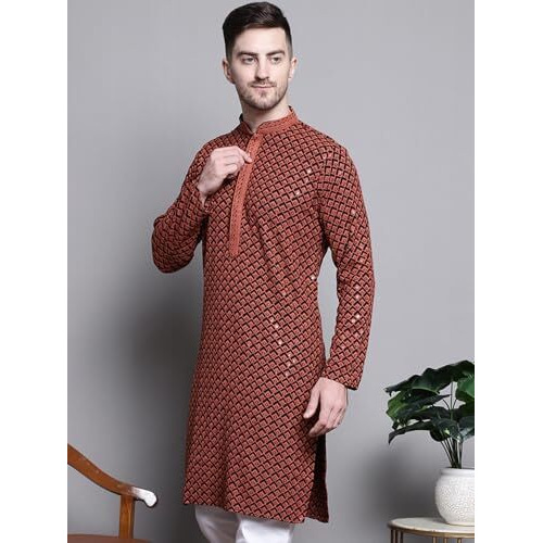 Jompers Mens Sequin Embroidered Pure Cotton Kurtas (Orange, S)