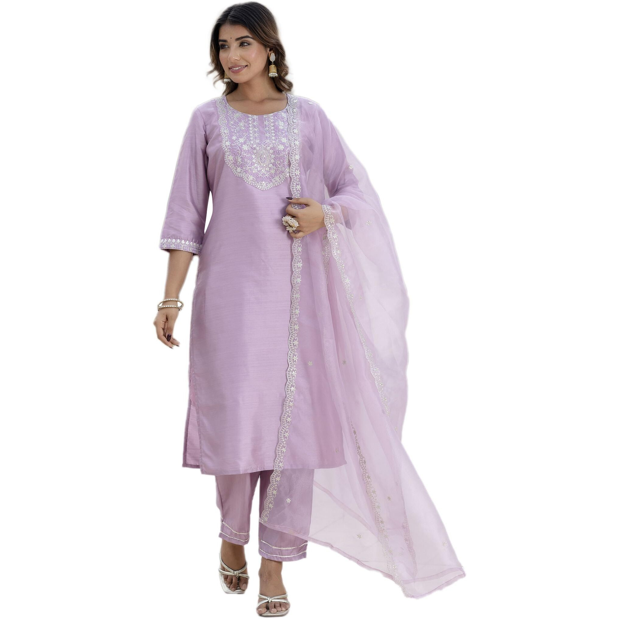 Vredevogel Women's Silk Blend Embroidered Kurta With Pant & Dupatta Set (Lavender_Xx-Large)