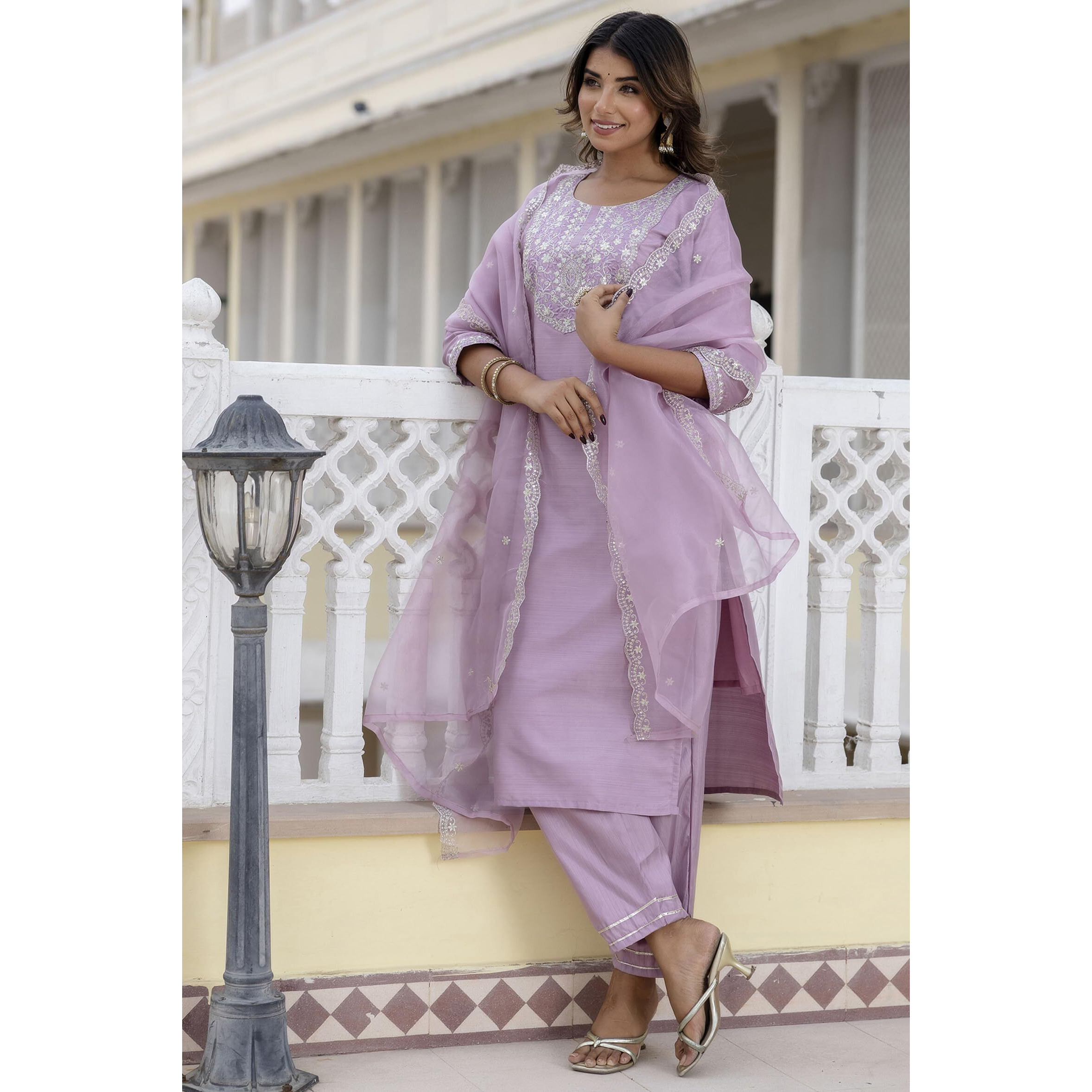 Vredevogel Women's Silk Blend Embroidered Kurta With Pant & Dupatta Set (Lavender_Xx-Large)