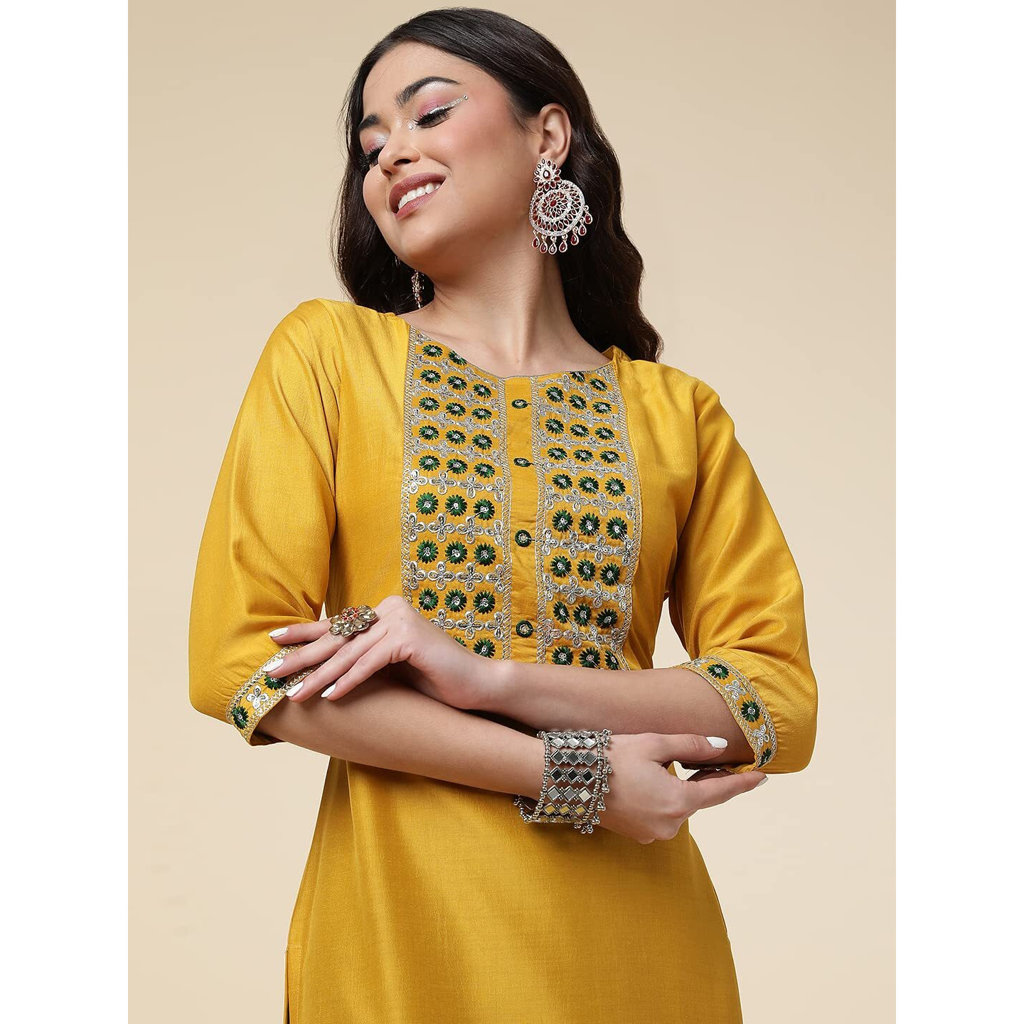 Shiv Textiles Silk Embroidered Kurta Set For Women (224-Yellow-M)