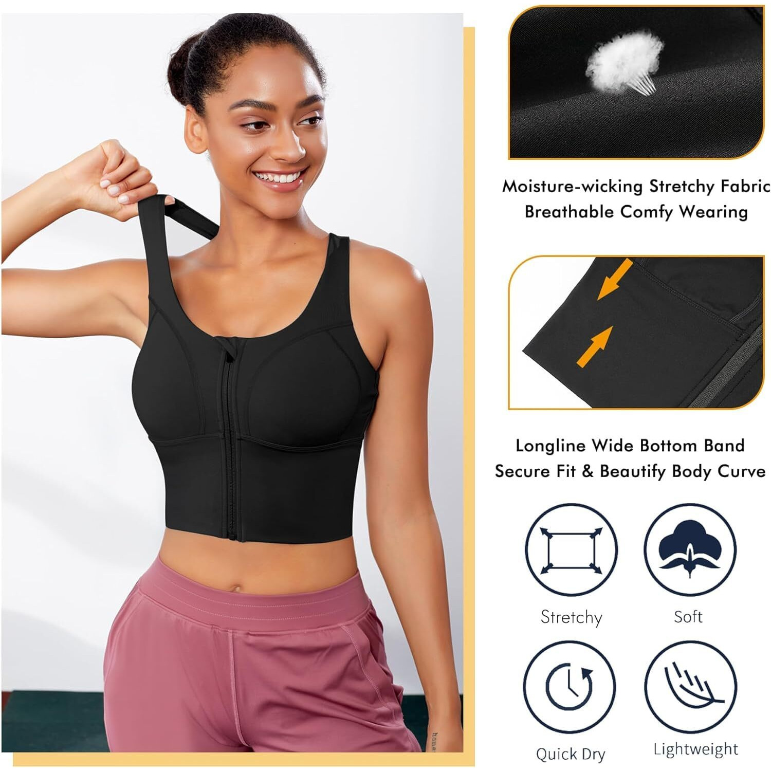 Glamoras Women Polyester Spandex High Impact Front Zip Sports Bra Longline Fitness Criss Cross Back Crop Tops Tank Gym Yoga Workout, Size M-4Xl Black