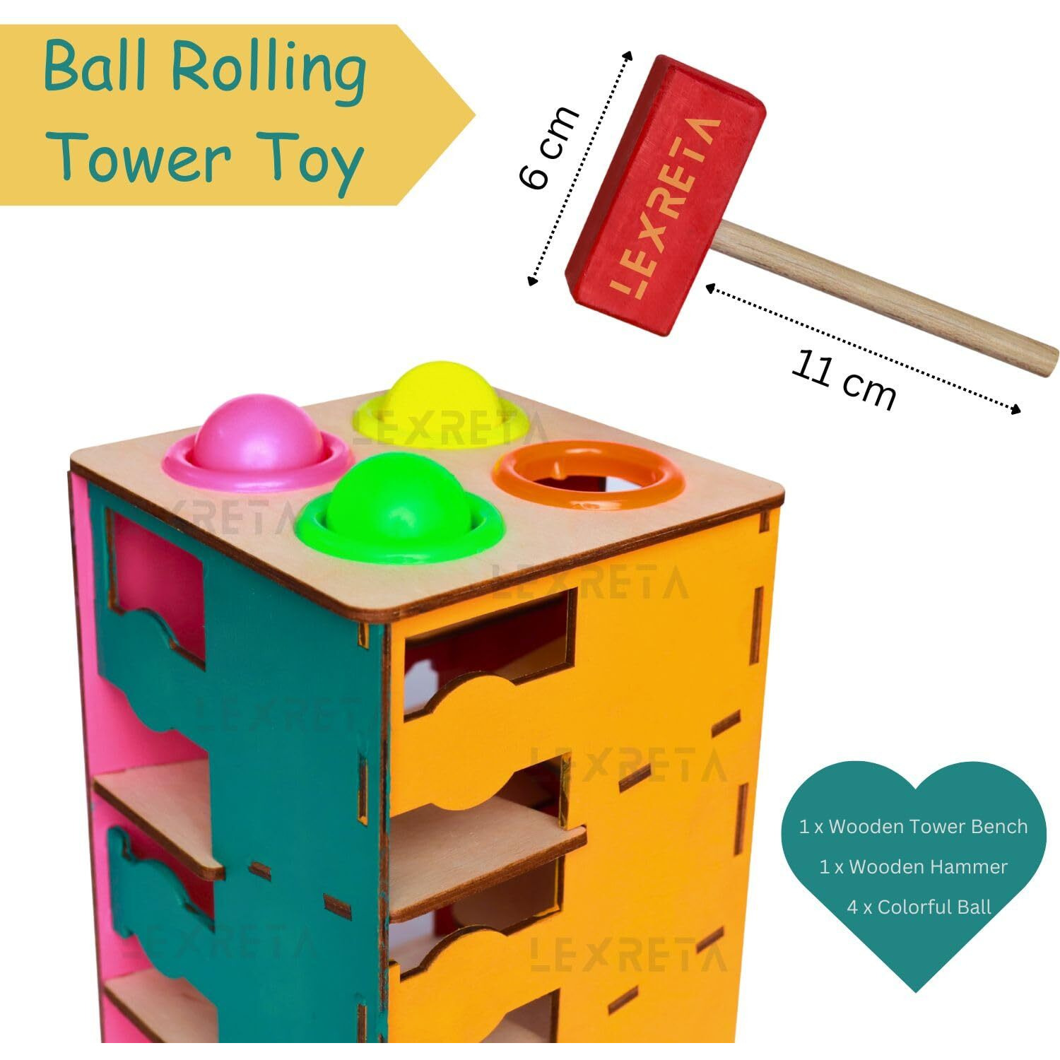 Lexreta Wooden Hammer Ball Knok Pounding Rolling Tower Toy With Case Fine Motor And Dexterity Skills Montessori Early Educational Toys Hammer Bench Set For Kids 3+ Years