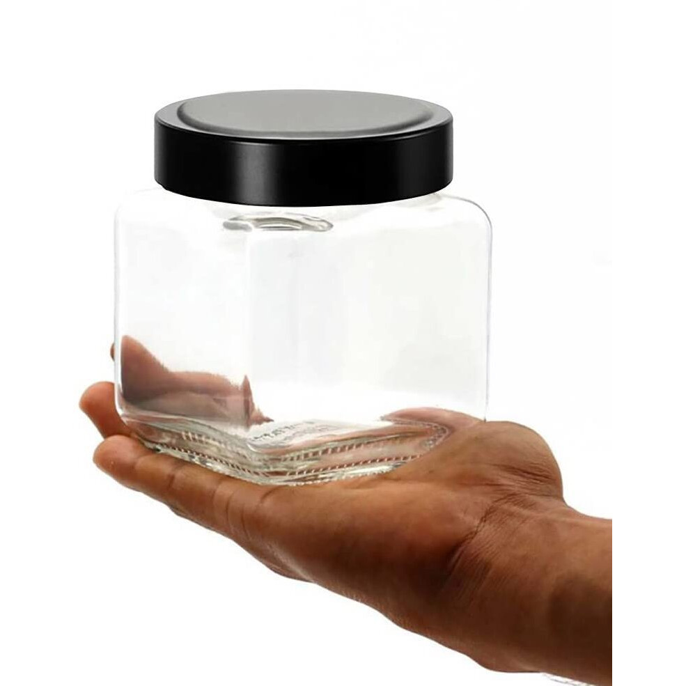 Feelopie Piramal Glass Square Clear Jars & Containers For Kitchen Pantry, Snacks, Masala, Honey, Pickles, Dryfruits, Coffee Beans Storage With Black Color Plastic Lid (Cube Jar)(600Ml, Set Of 6)