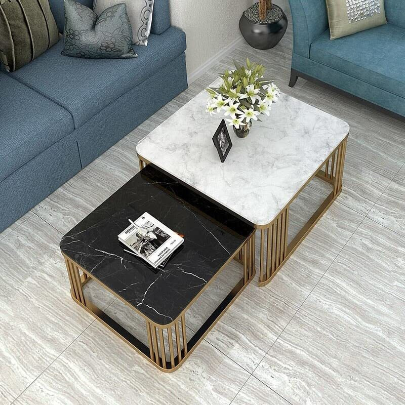 Aafiya Handicrafts Luxury Modern Nesting Coffee Table Set Square Black Marble & White Marble Top With Gold Stainless Steel Elegant Living Room Centerpiece Furniture For Home Dcor Space-Saving Design