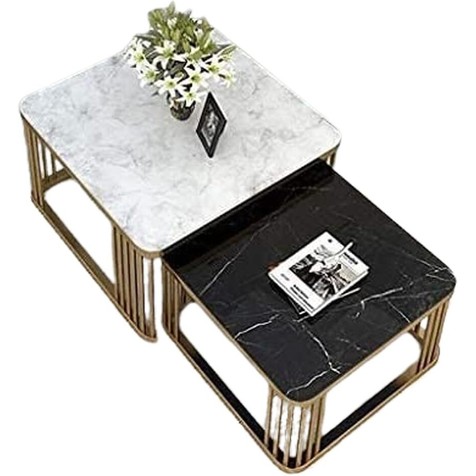 Aafiya Handicrafts Luxury Modern Nesting Coffee Table Set Square Black Marble & White Marble Top With Gold Stainless Steel Elegant Living Room Centerpiece Furniture For Home Dcor Space-Saving Design