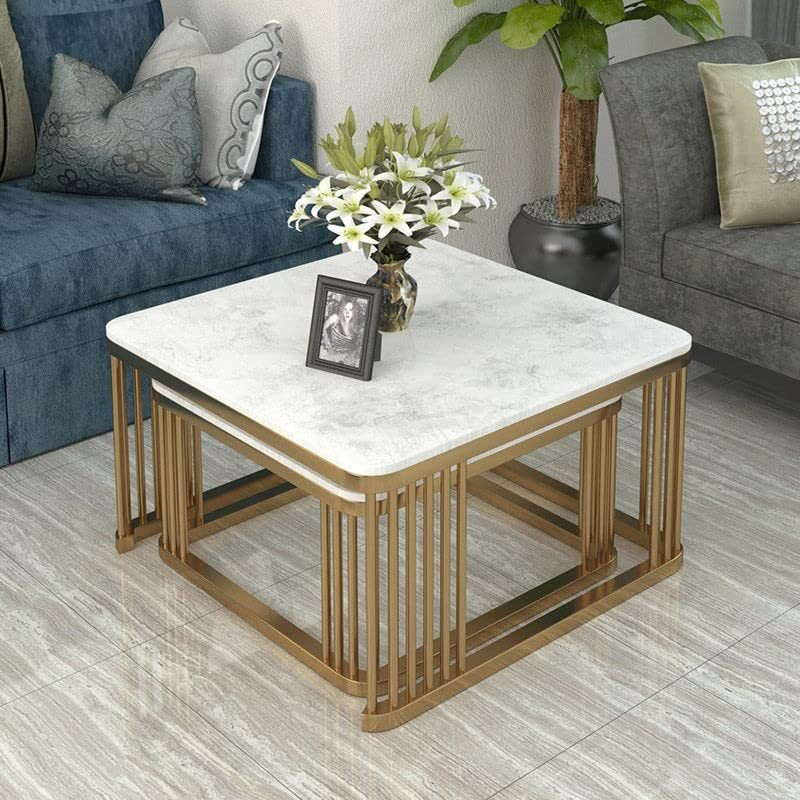 Aafiya Handicrafts Luxury Modern Nesting Coffee Table Set Square Black Marble & White Marble Top With Gold Stainless Steel Elegant Living Room Centerpiece Furniture For Home Dcor Space-Saving Design