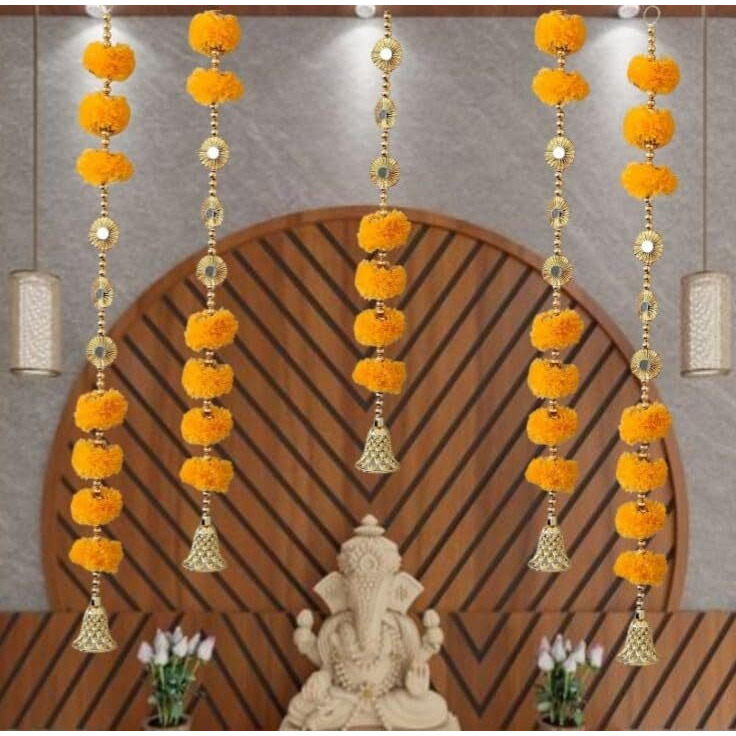 Satyam Kraft 5 Pcs Artificial Marigold Garland For Decoration | Handmade Genda Phool Toran For Home, Pooja, Wedding, Festival, Door Hanging, Mandir & Ceremony Dcor (33 Inch, Yellow)