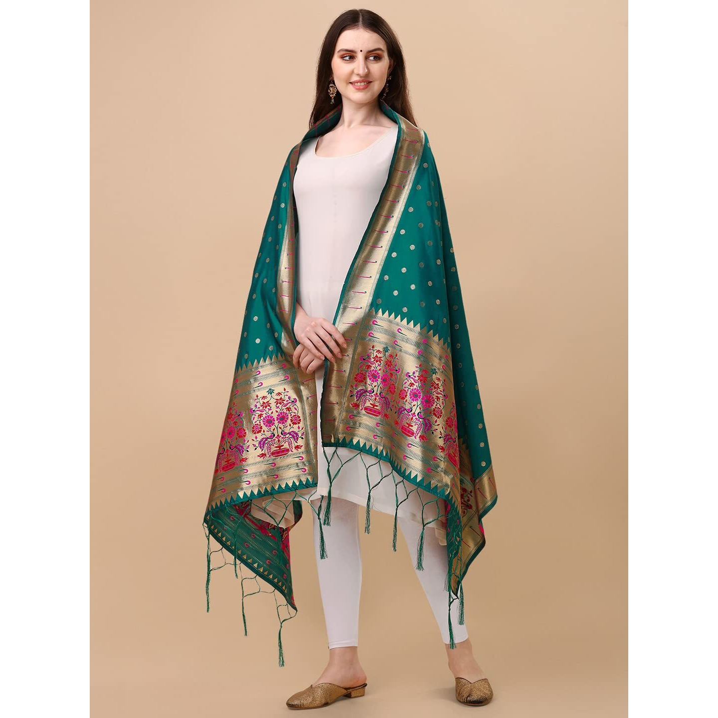 Devangi Women's Woven Paithani Banarasi Silk Dupatta/Chunni For Women, Animal Print 1 Meter Wide And 2.3 Meter Length Printed Designer Dupatta/Chunni For Girls (Rama)