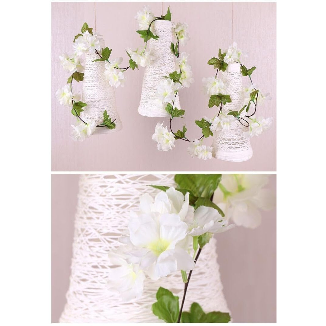 Satyam Kraft 2 Lines Artificial Cherry Blossom Rattan Vine (7.5 Ft) | Hanging Flower Garland For Home, Office, Wedding & Festival Decoration (White, 230 Cm)