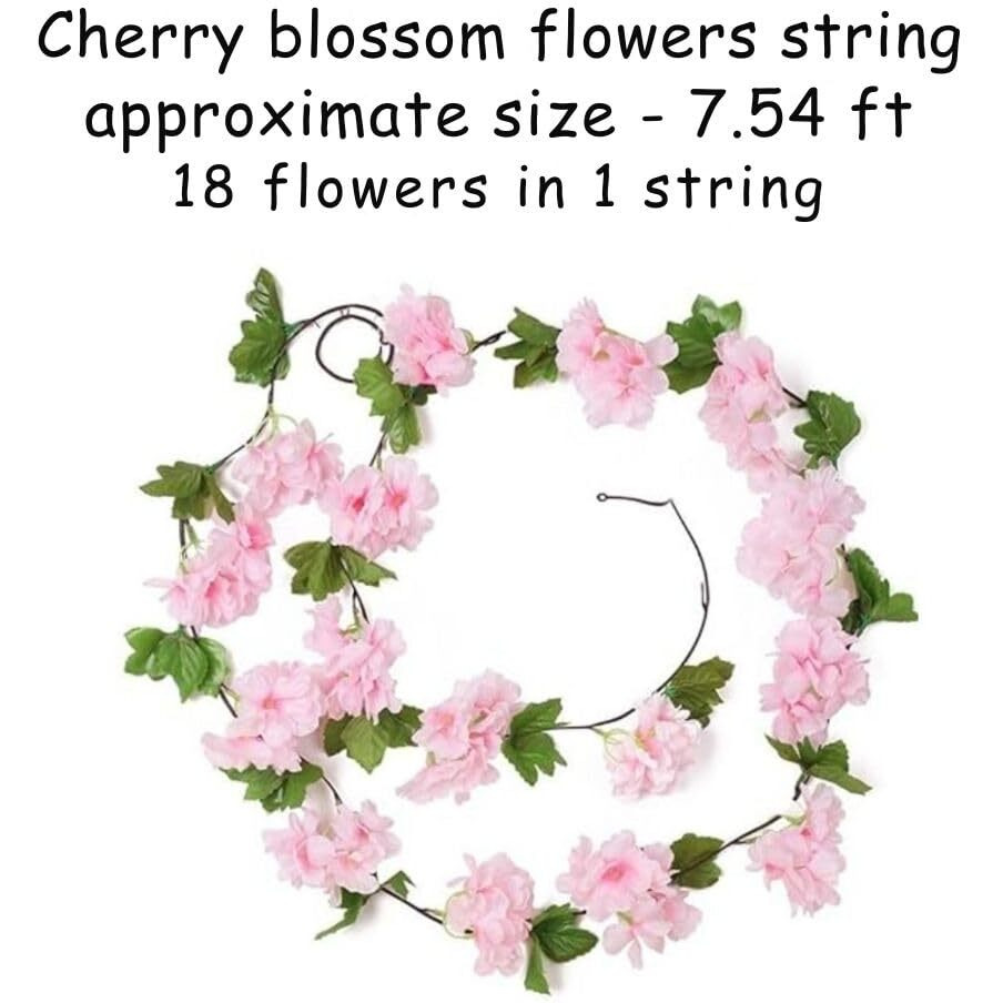 Satyam Kraft 2 Lines Artificial Cherry Blossom Rattan Vine (7.5 Ft) | Hanging Flower Garland For Home, Office, Wedding & Festival Decoration (White, 230 Cm)