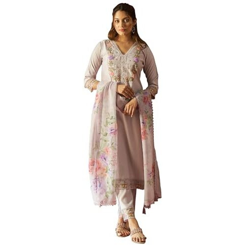 Indo Era Women's Lavender Silk Blend Embroidered Straight Kurta & Pant With Dupatta Suit Set (Ieout6380_Xx-Large)