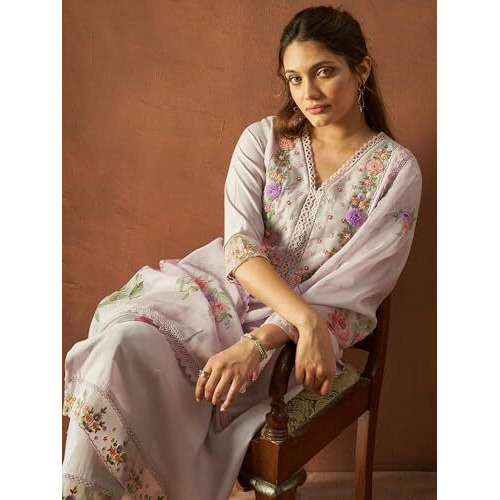 Indo Era Women's Lavender Silk Blend Embroidered Straight Kurta & Pant With Dupatta Suit Set (Ieout6380_Xx-Large)