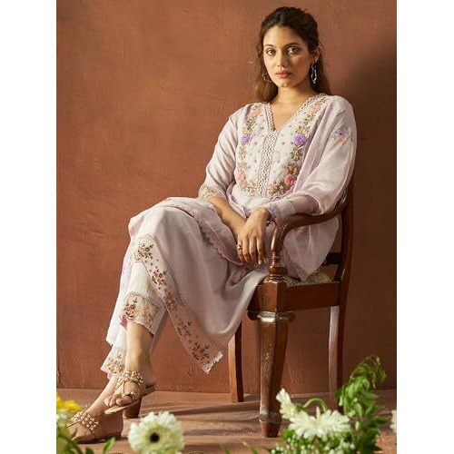 Indo Era Women's Lavender Silk Blend Embroidered Straight Kurta & Pant With Dupatta Suit Set (Ieout6380_Xx-Large)