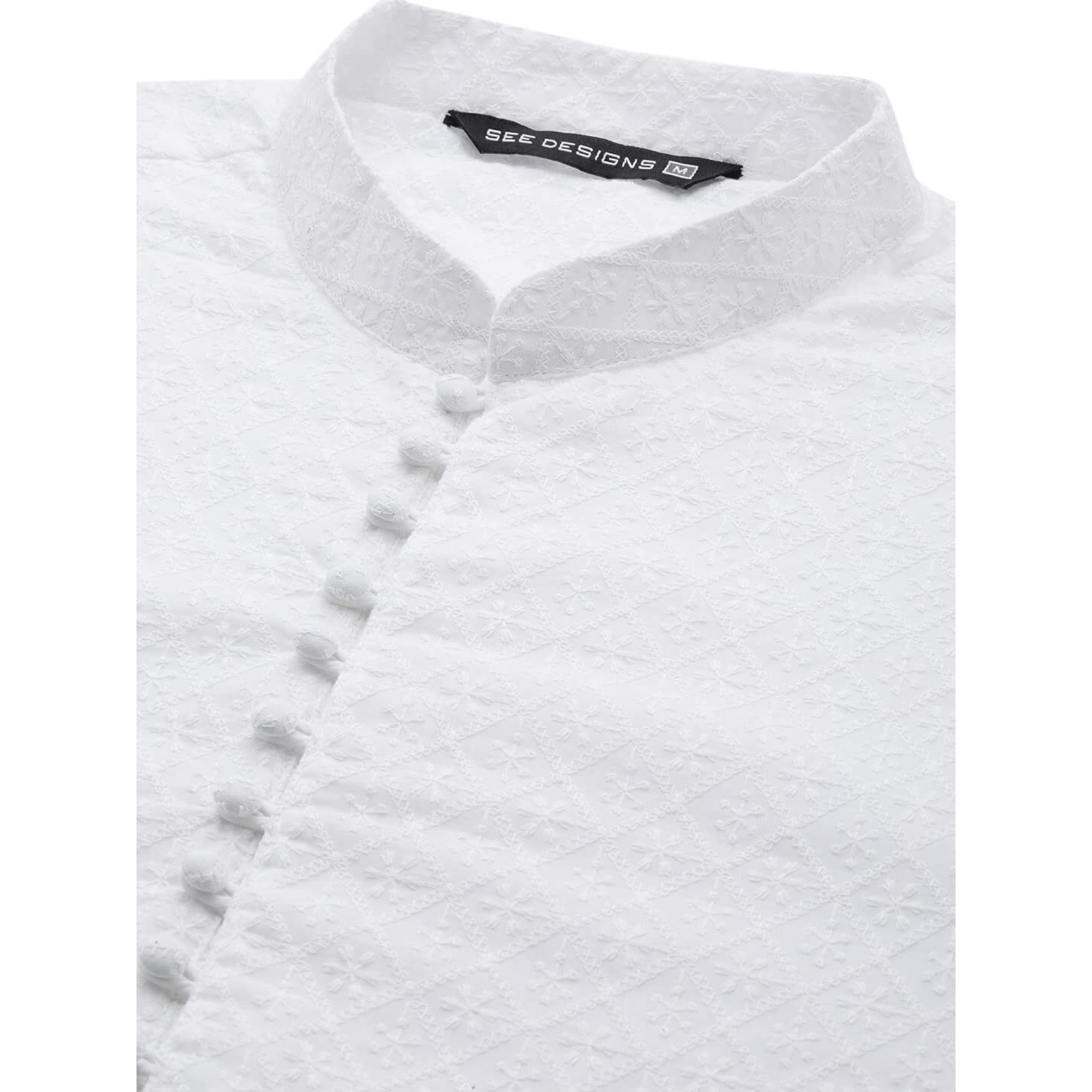 See Designs Mens Kurta | Specially Crafted And Designed For The Eid Festival White Cotton Embroidered Kurta With Pajama Set Mandarin Collar Long Sleeves Chikankari Kurta | Sdkt109301Xs