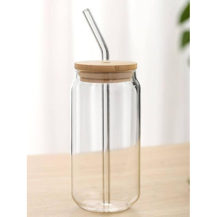 Kikiluxxa Beer Can Shape Drinking Glasses Tumbler With Airtight Wooden Lid And Straw 540Ml Mason Sipper Bottle For Juice Cocktail Iced Tea Coffee Hot Cold Drink Cup Home Office Travel