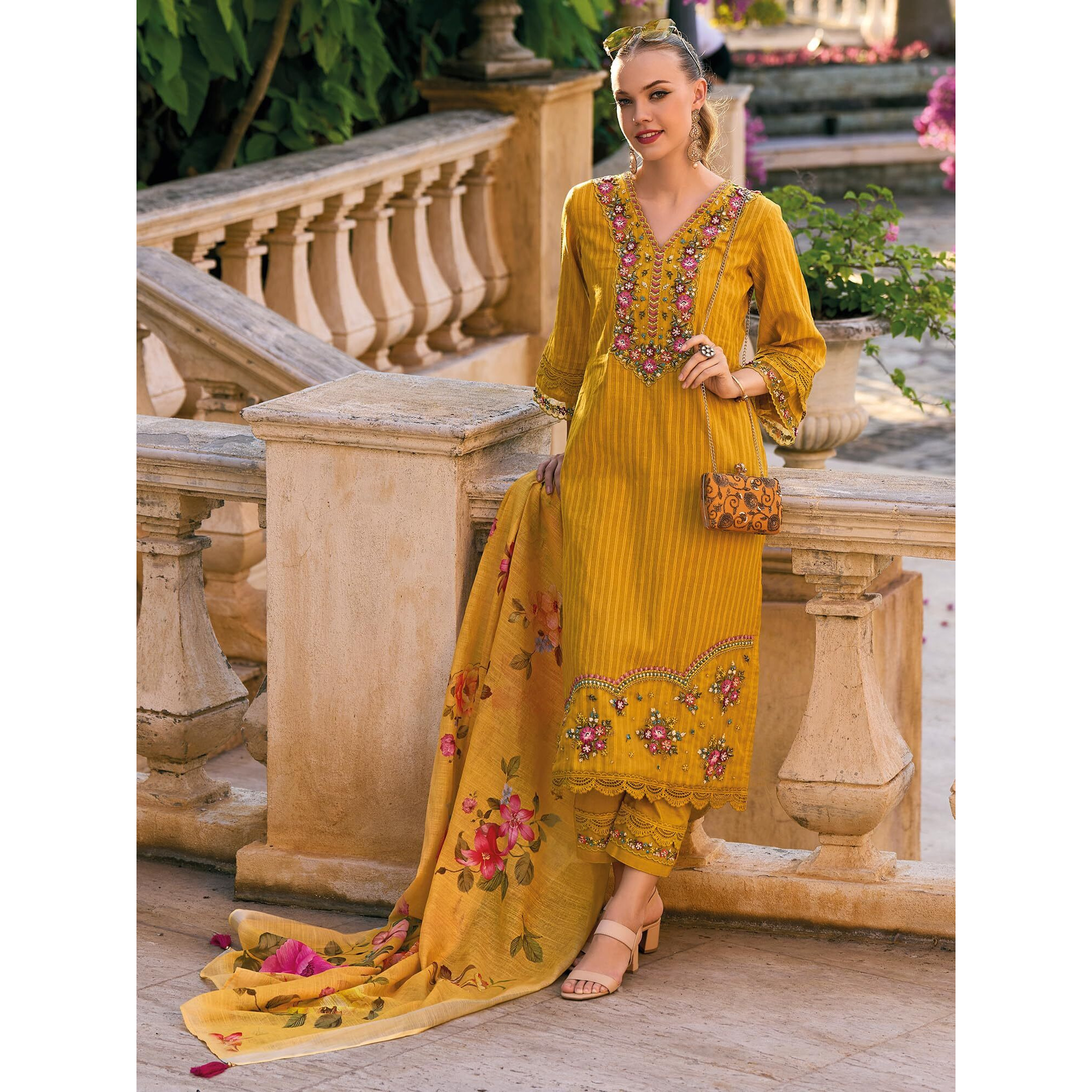 Indo Era Cotton Women's Yellow Embroidered Straight Kurta Pant With Dupatta Set (Kh0Yl6227_X-Small)