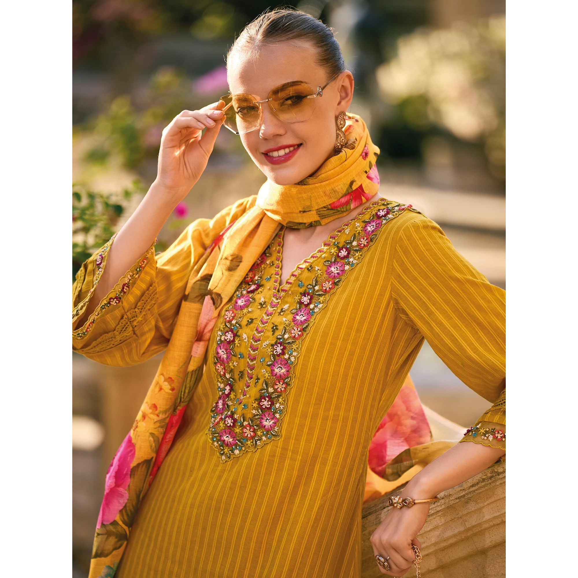 Indo Era Cotton Women's Yellow Embroidered Straight Kurta Pant With Dupatta Set (Kh0Yl6227_X-Small)