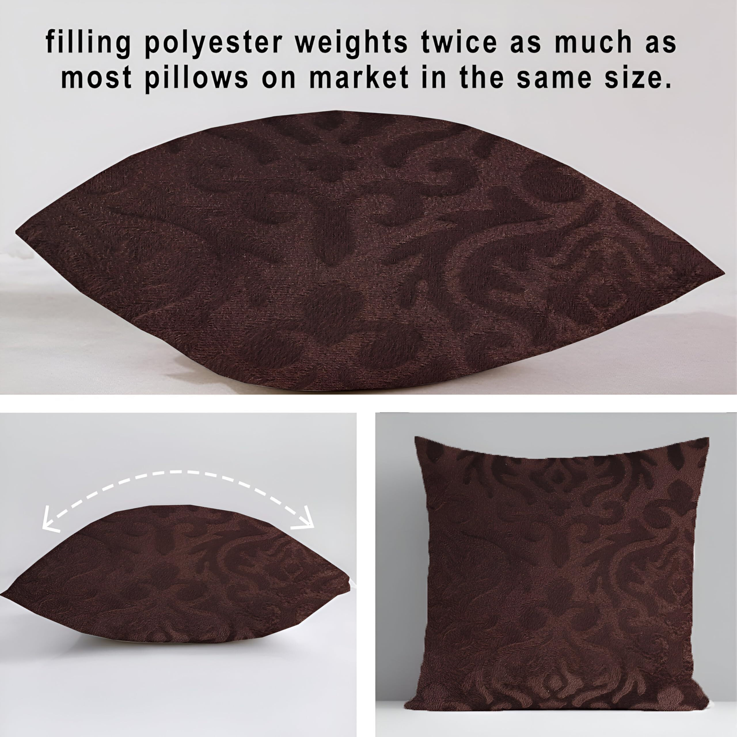 Ivaza Microfiber Square Pillow Cushion For Sofa & Bed | Soft, Fluffy For Comfort & Back Support | Breathable, Washable | Premium Velvet Outer Cover With Zip Set Of 3 (16" X 16") Coffee