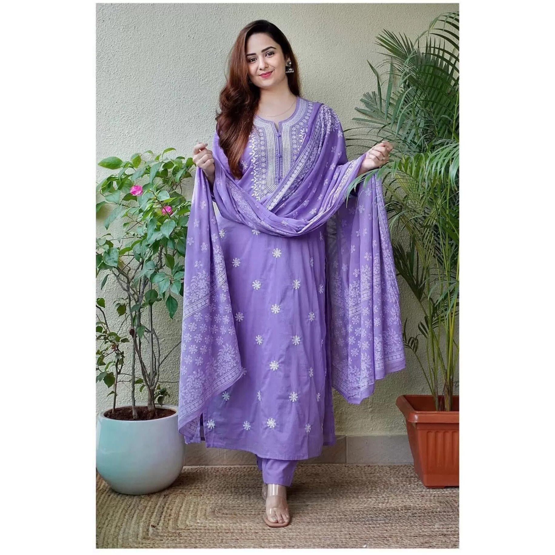 Royal Export Women's Viscose Floral Embroidered Straight Kurta Pant With Dupatta (Rx53_Lavender_S)
