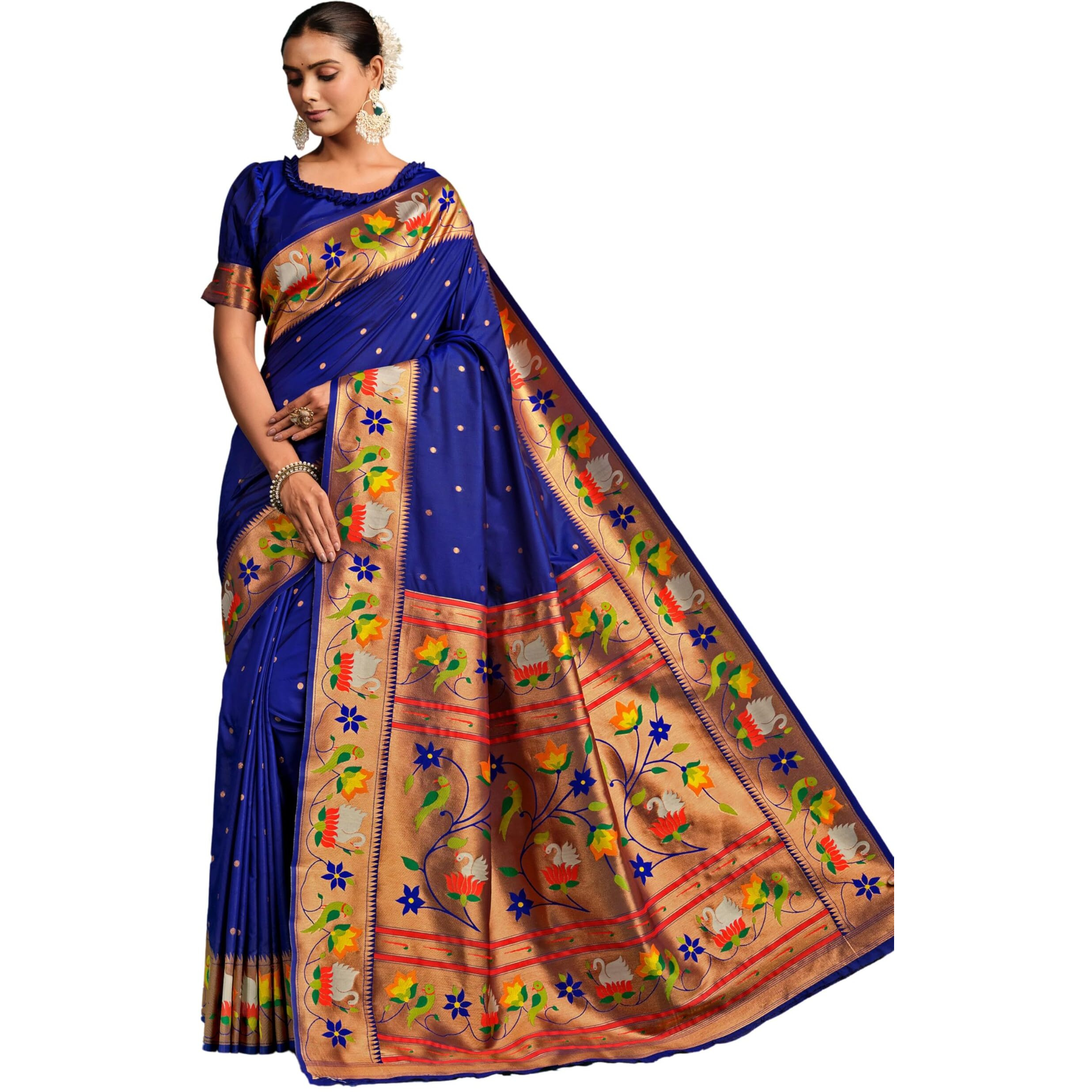 Ethnicjunction Women's Pure Silk Paithani Woven Saree With Blouse Piece, Navy