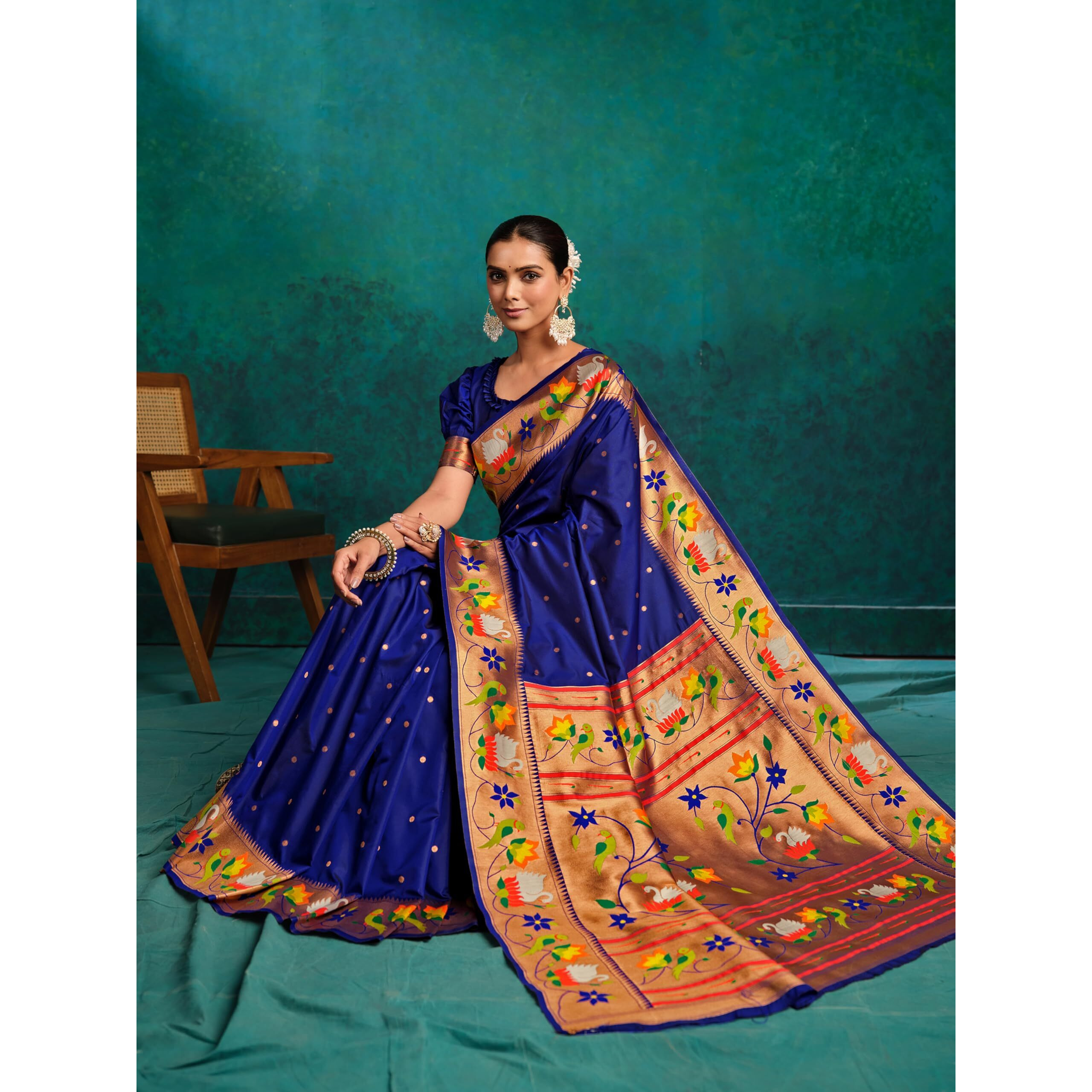 Ethnicjunction Women's Pure Silk Paithani Woven Saree With Blouse Piece, Navy