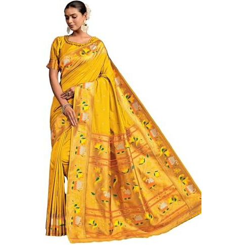 Ethnicjunction Women's Pure Silk Paithani Woven Saree With Blouse Piece, Mustard