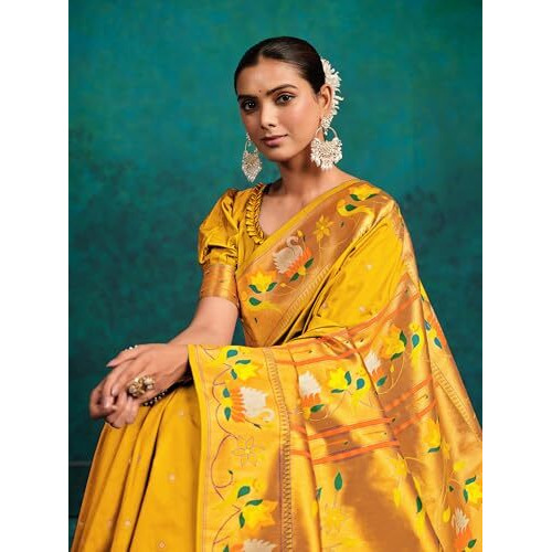 Ethnicjunction Women's Pure Silk Paithani Woven Saree With Blouse Piece, Mustard