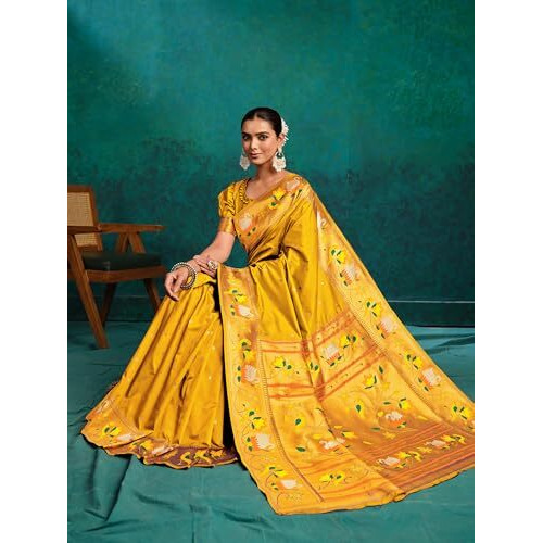 Ethnicjunction Women's Pure Silk Paithani Woven Saree With Blouse Piece, Mustard
