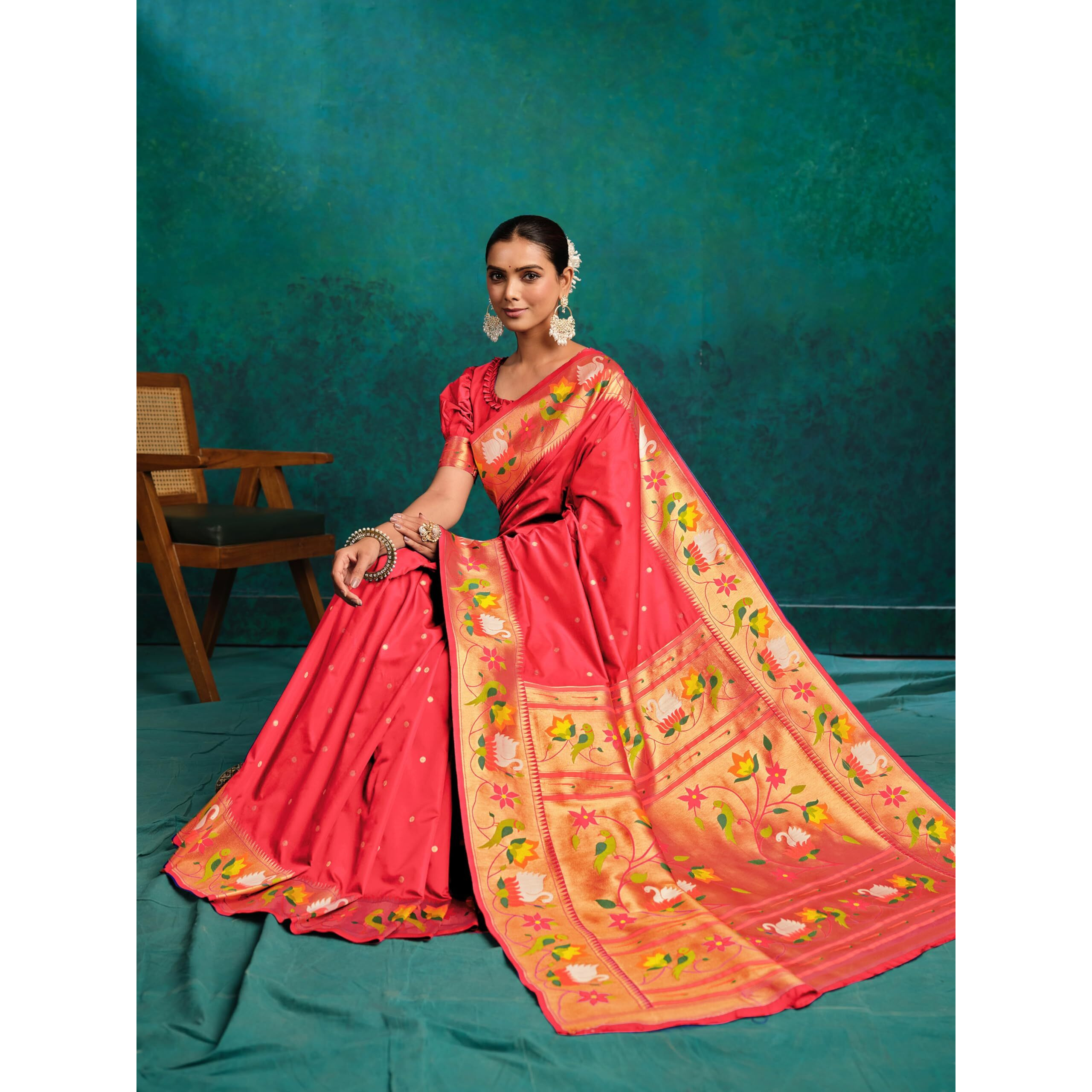Ethnicjunction Women's Pure Silk Paithani Woven Saree With Blouse Piece, Gajari
