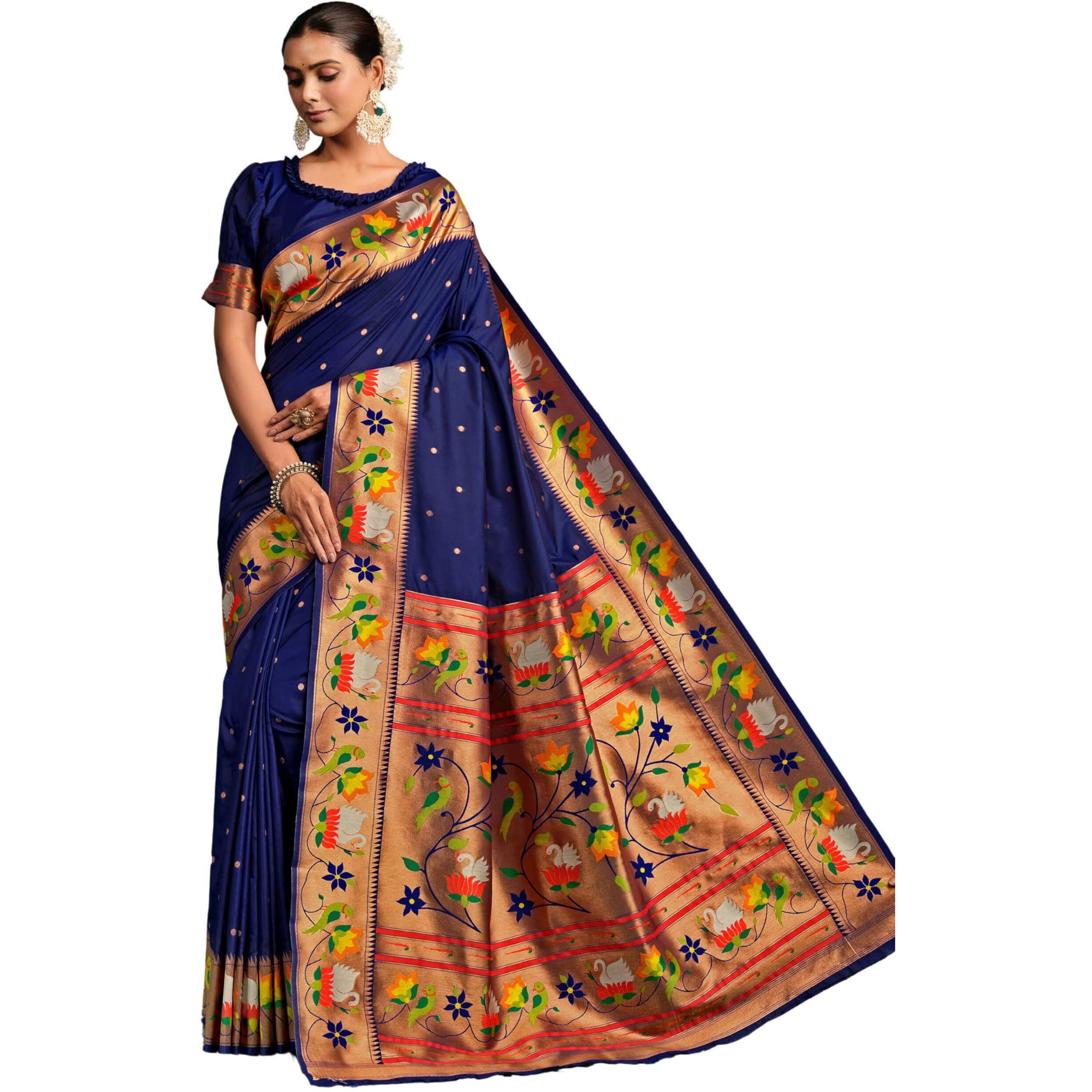 Ethnicjunction Women's Pure Silk Paithani Woven Saree With Blouse Piece,Dark Blue
