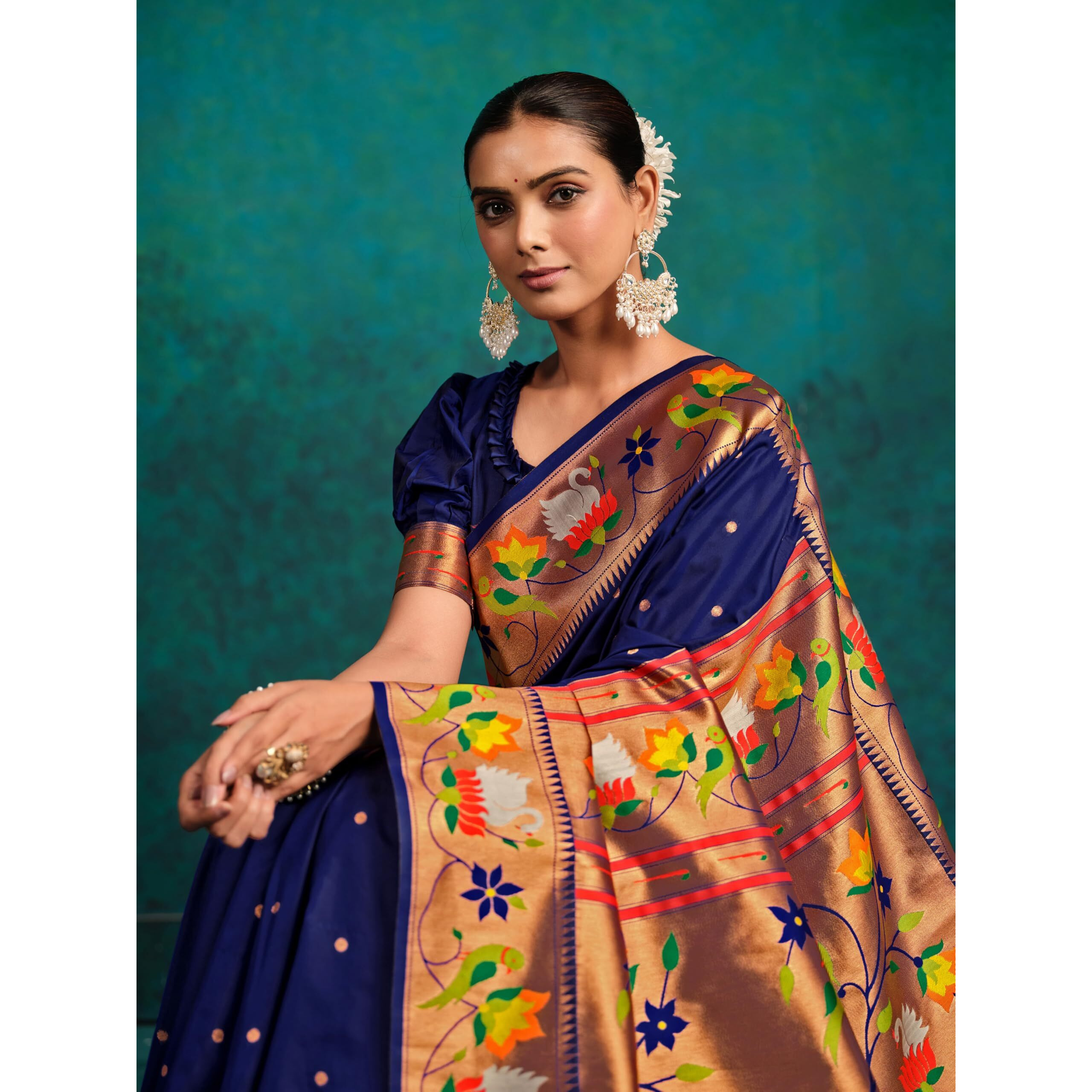 Ethnicjunction Women's Pure Silk Paithani Woven Saree With Blouse Piece,Dark Blue