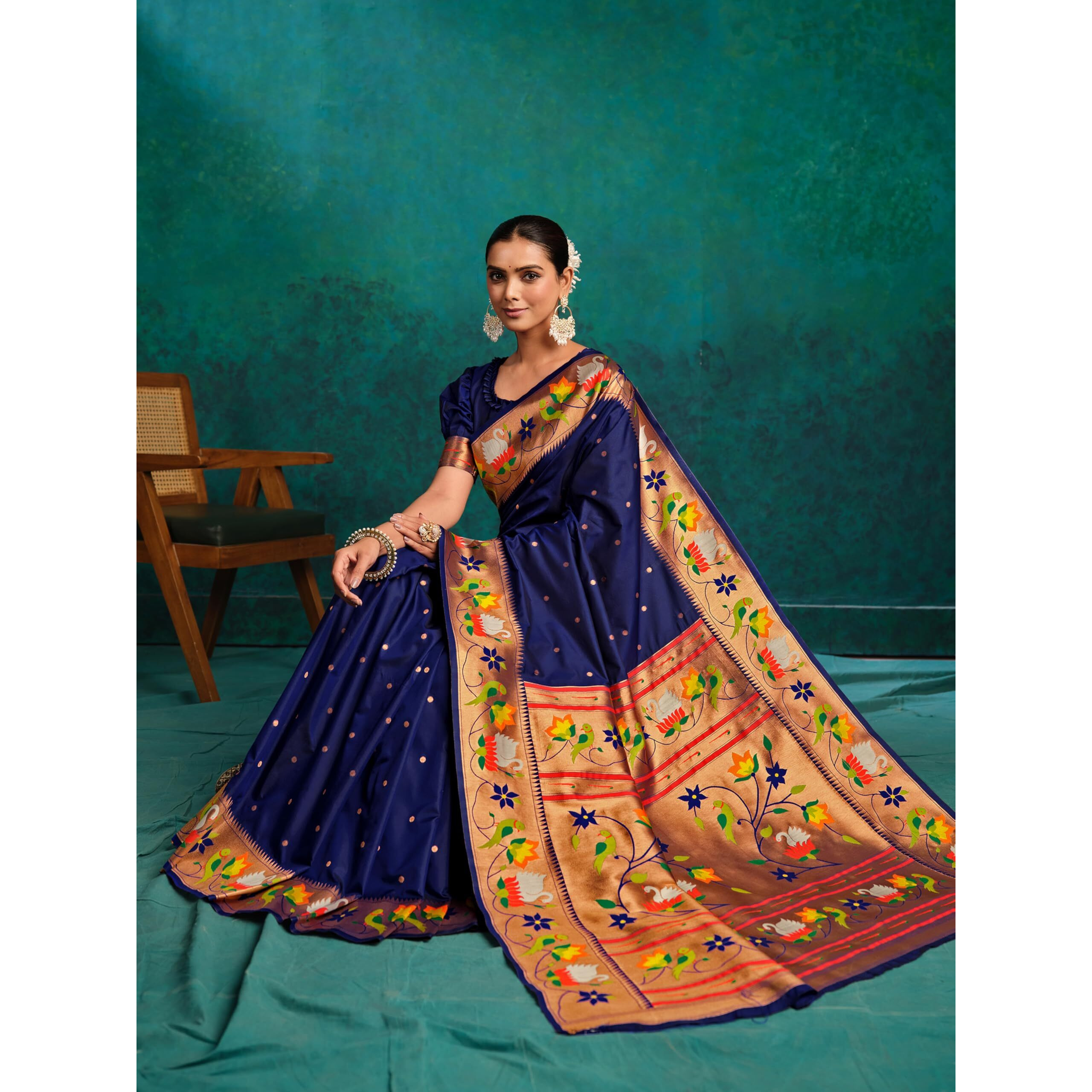 Ethnicjunction Women's Pure Silk Paithani Woven Saree With Blouse Piece,Dark Blue
