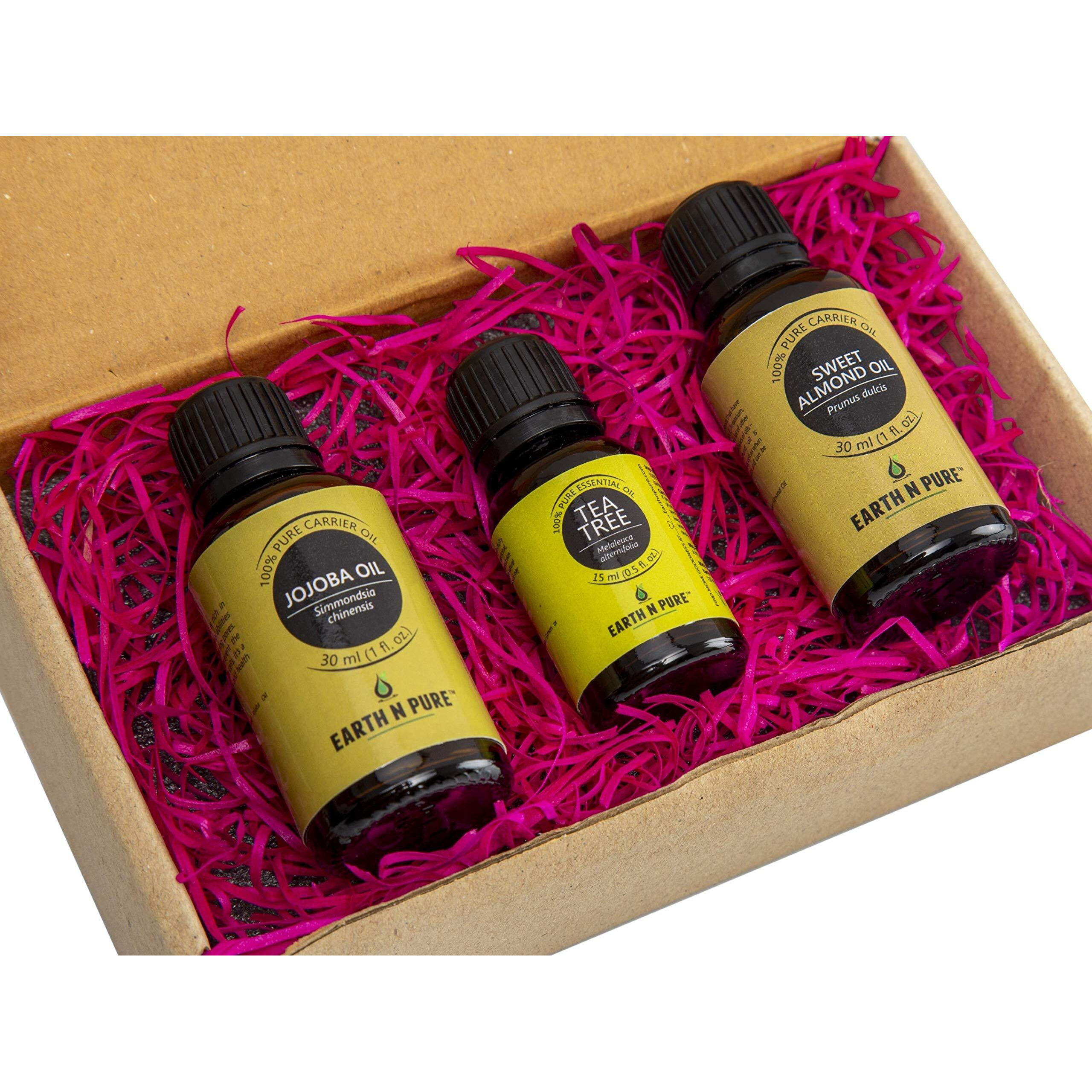 Earth N Pure Jojoba Oil, Tea Tree Oil & Sweet Almond Oil Pack Of 3 | Undiluted | 100% Natural & Therapeutic | For Aromatherapy | Mood Enhancers |Skin Care | Hair Care | Relaxation | 15/30 Ml Each