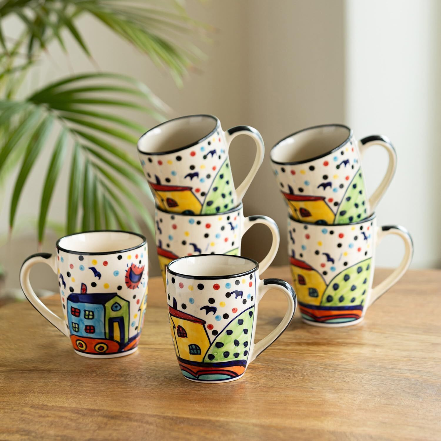 Exclusivelane Ceramic Coffee Mugs Set Of 6 | 'The Hut Jumbo Cuppas' Handpainted Mugs For Coffee Cup Tea Mug & Cup (Multicolored, 270 Ml, Microwave & Dishwasher Safe)