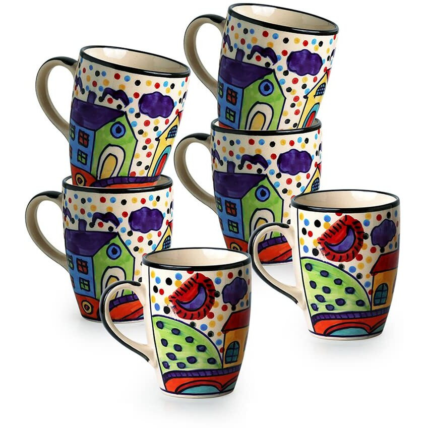 Exclusivelane Ceramic Coffee Mugs Set Of 6 | 'The Hut Jumbo Cuppas' Handpainted Mugs For Coffee Cup Tea Mug & Cup (Multicolored, 270 Ml, Microwave & Dishwasher Safe)