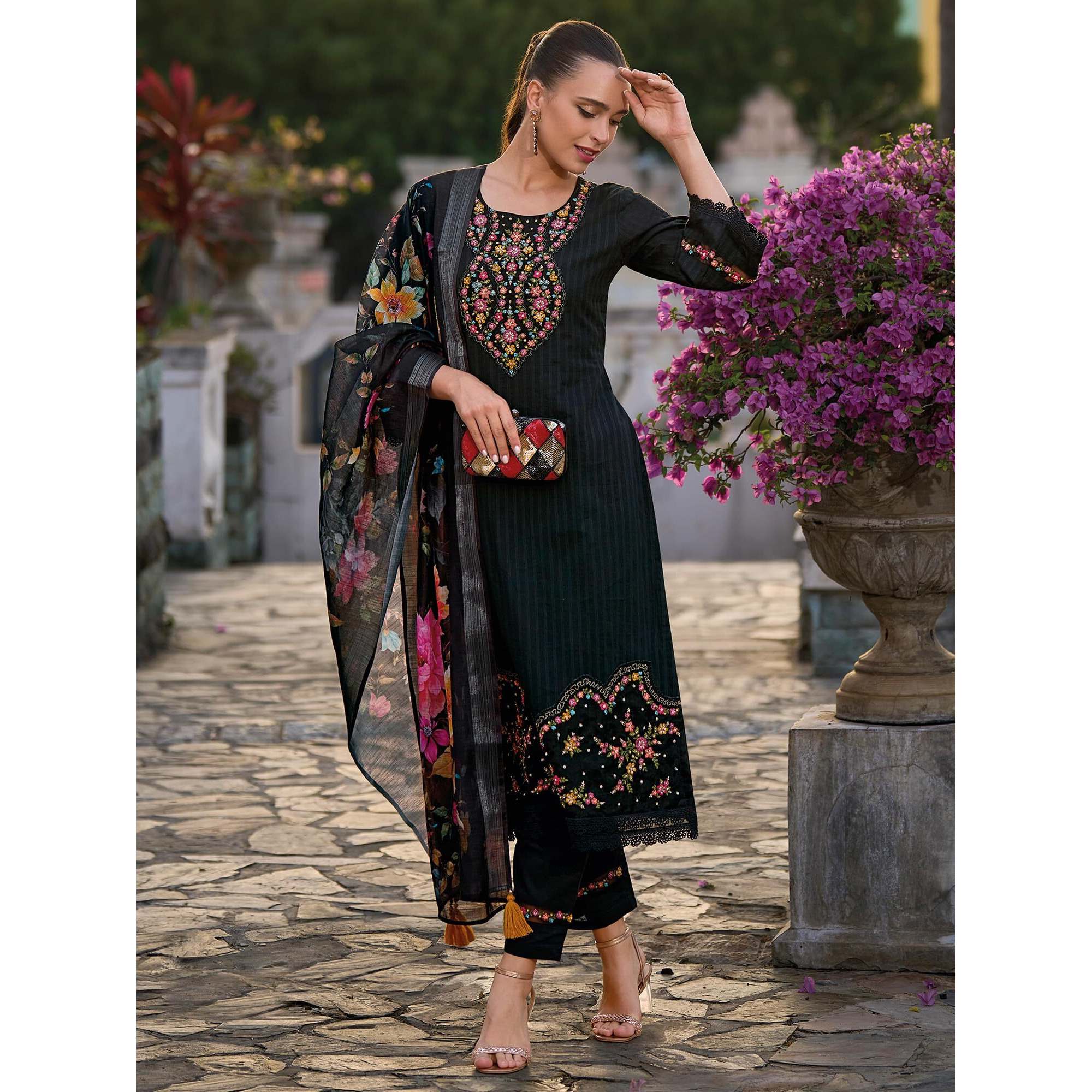 Indo Era Women's Black Embroidered Straight Kurta & Pant With Dupatta Set (Kh0Bk6229_Small)